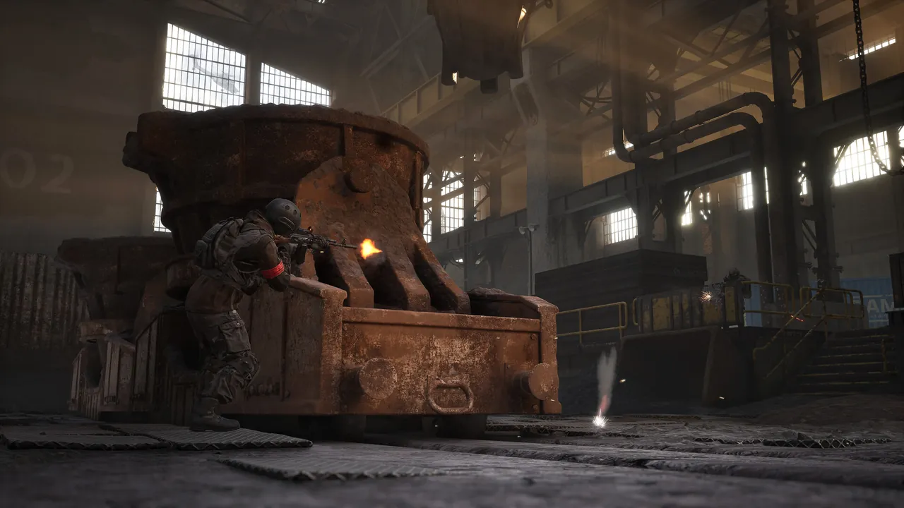 A soldier fires a rifle from behind a large rusted industrial vessel inside a factory hall with tall windows.