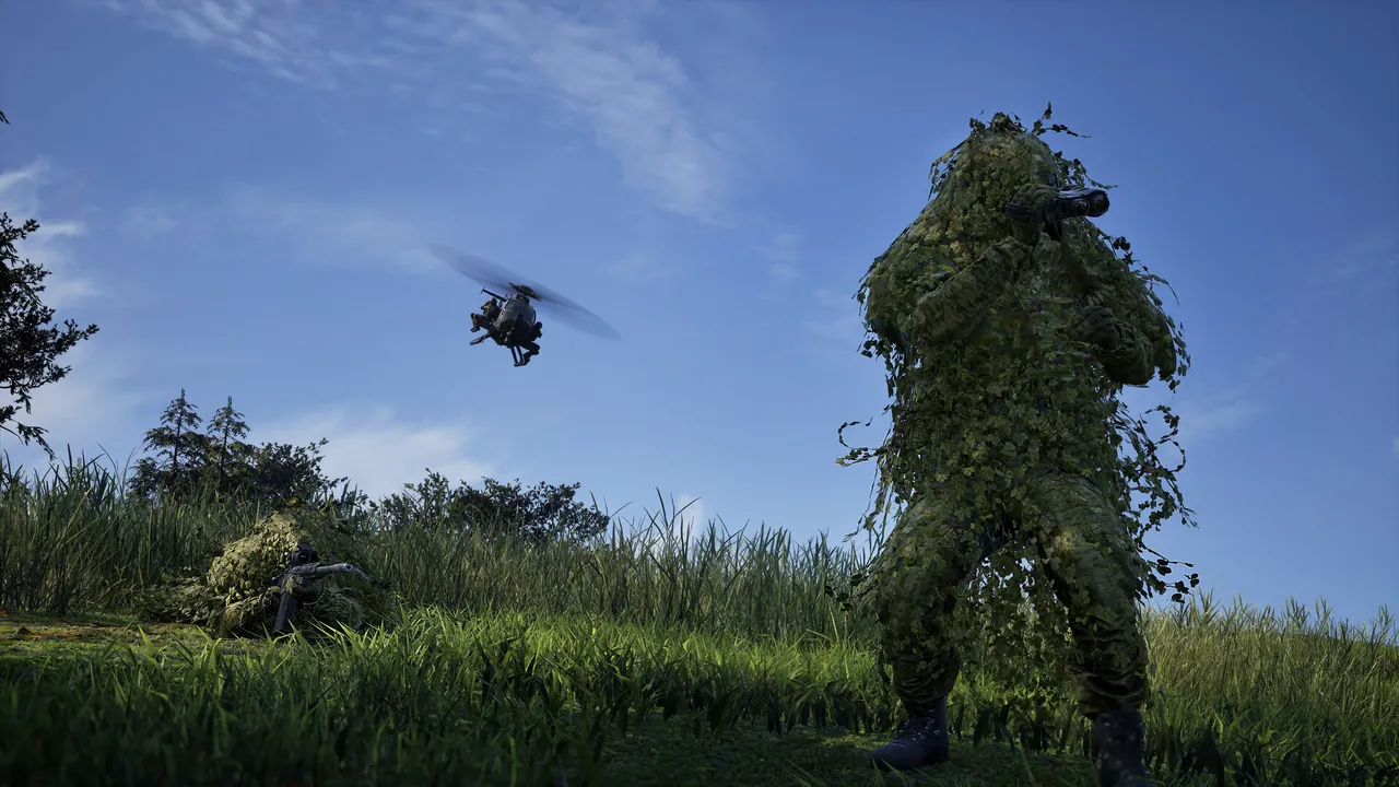 Two figures in full ghillie suits in tall grass, one standing with binoculars raised, while a small helicopter flies overhead.