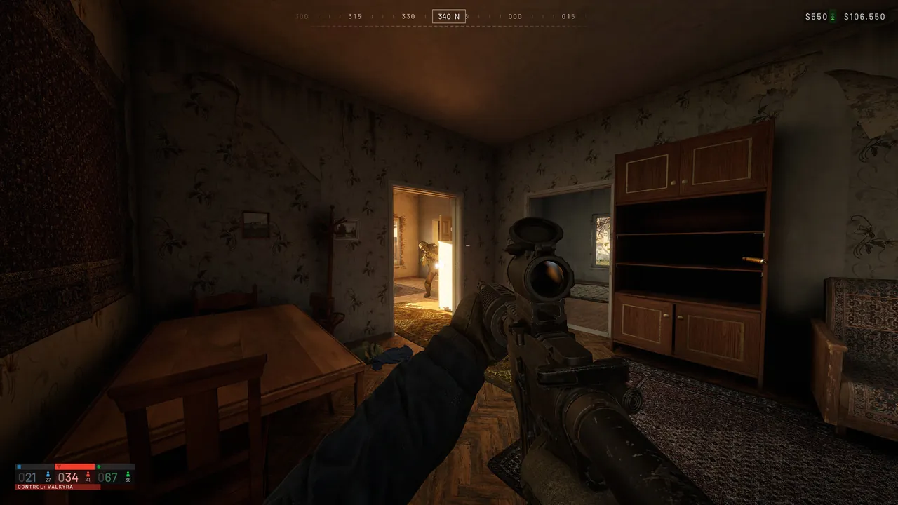 A first-person view inside a dim wooden room, with the cash readout in the top-right corner of the screen.