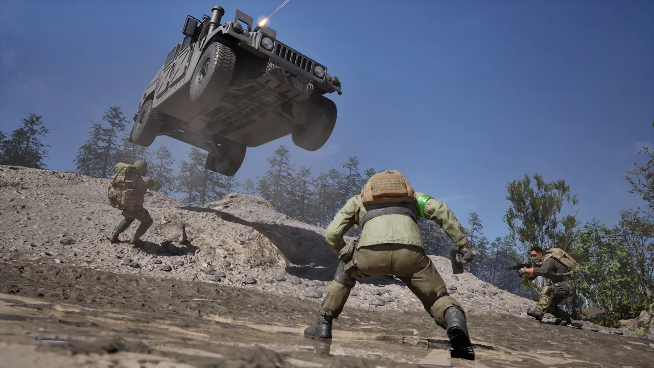 An armoured truck in mid-air over a gravel ridge while three soldiers move on foot below it.