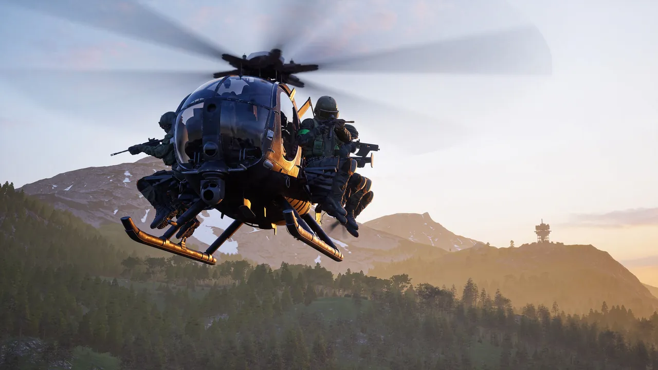 A light helicopter banking over forested hills at low sun, with two soldiers seated in the open side doorway.