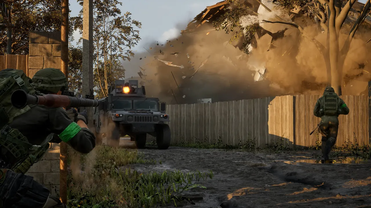 A soldier aims a rocket launcher at an armoured truck driving toward him along a wooden fence, while a building behind erupts in dust and debris.