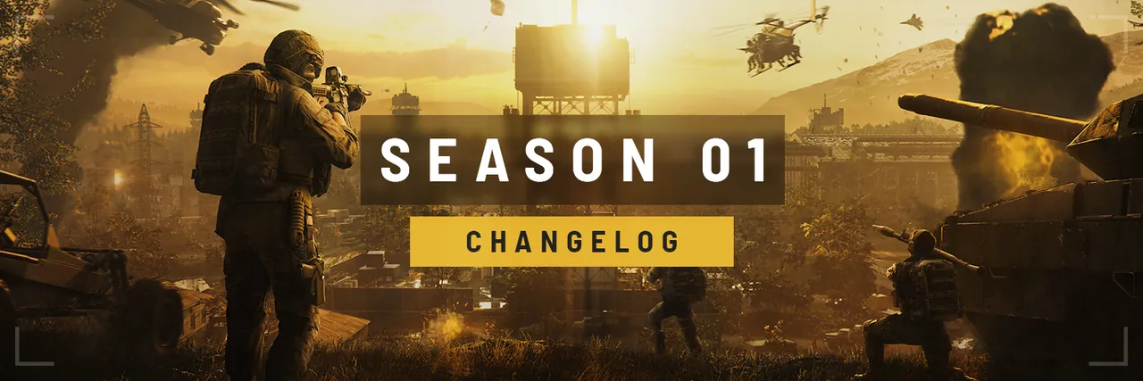 A banner reading Season 01 Changelog over soldiers and a tank in a smoky landscape.