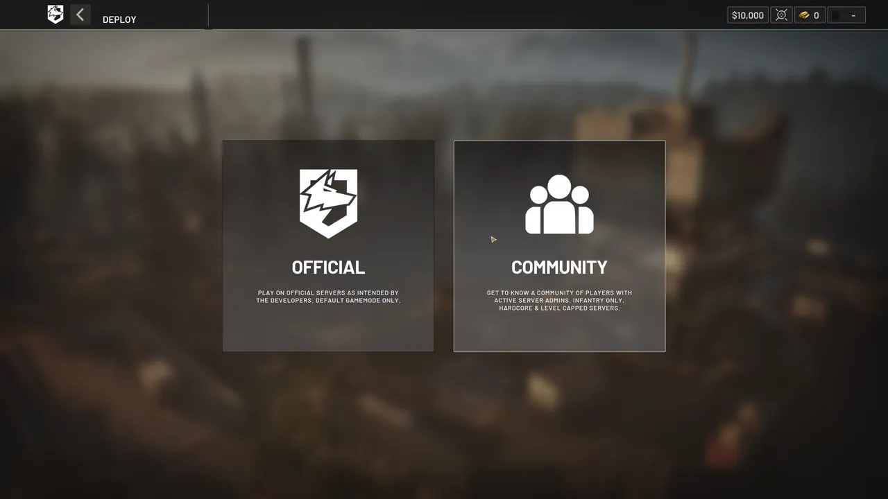 The server browser's opening screen, with two large tiles labelled Official and Community.