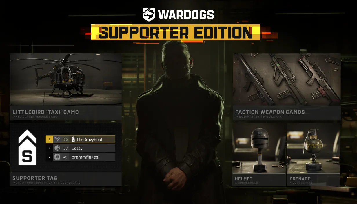 The WARDOGS Supporter Edition graphic showing a helicopter camo, three rifle camos, a scoreboard tag, and helmet and grenade bobbleheads.