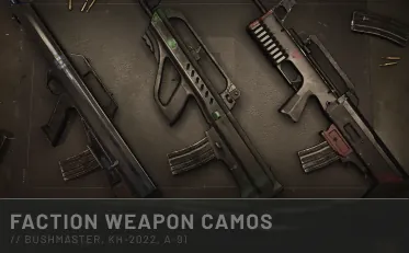 Three rifles laid out on a table, each in a different camo, from the Supporter Edition graphic.
